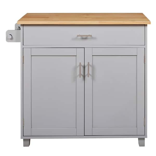 Ximuprmy Gray Wood 39 in. Kitchen Island with Rubber Wood Top, Spacious Drawer with Divider and Adjustable Shelf for Dining Room