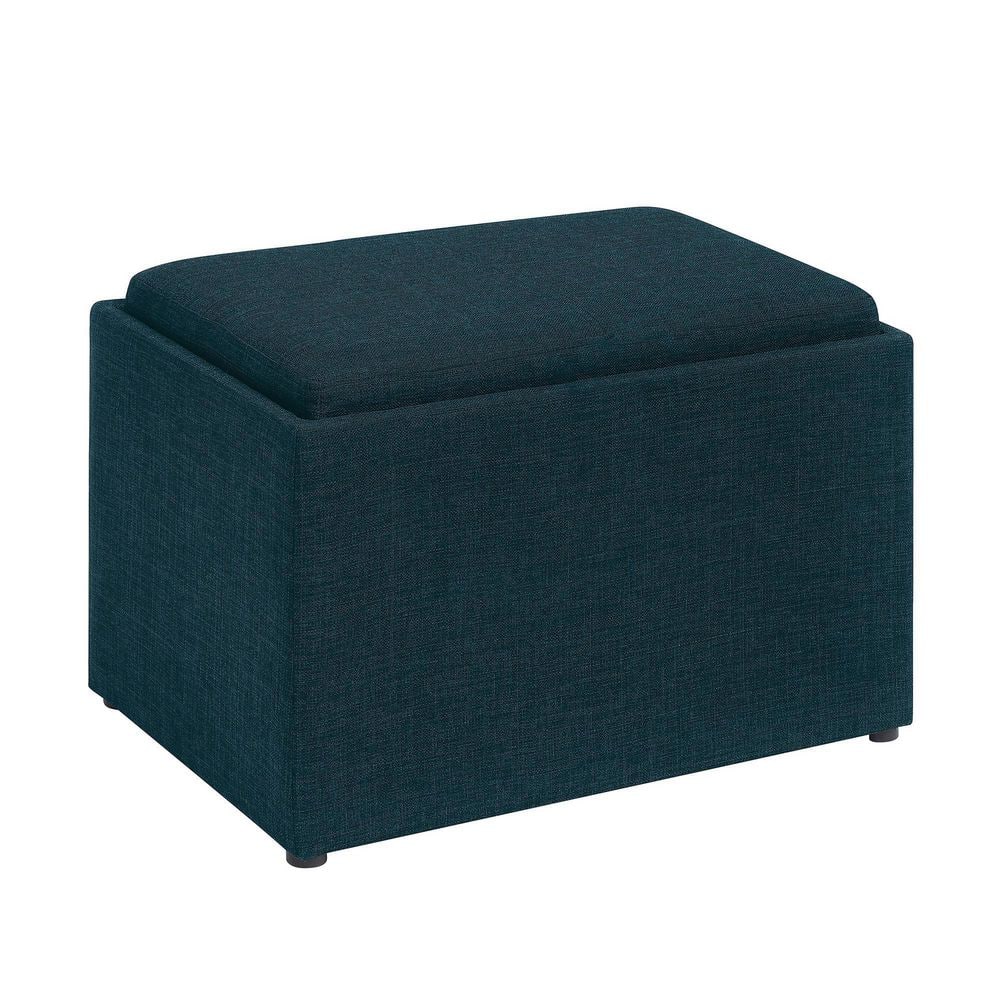 Dark Blue Fabric Storage Ottoman with Reversible Tray
