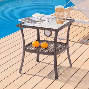 Outdoor Brown PE Rattan Side Table, Water-Corrugated Glass Tabletop Water-Proof for Indoor and Outdoor