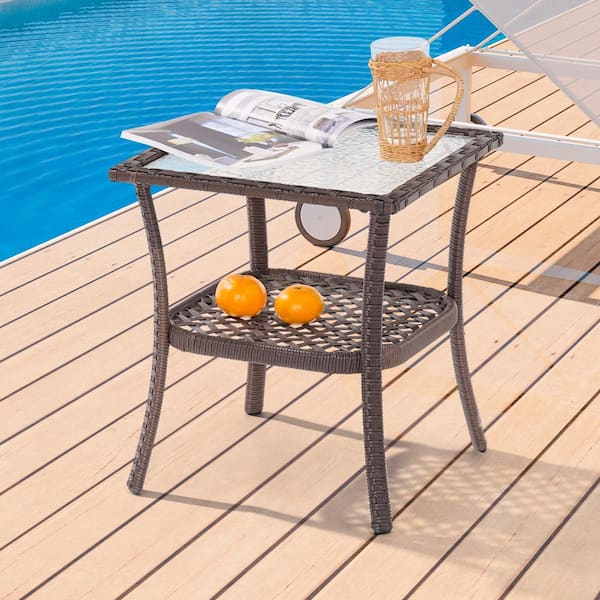 Sonkuki Outdoor Brown PE Rattan Side Table, Water-Corrugated Glass Tabletop Water-Proof for Indoor and Outdoor