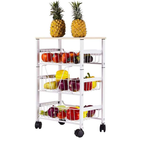 ANTFURN 16.70 in. W x 10.60 in. D White Wood Kitchen Cart with Shelf; Wheels; Locking Casters