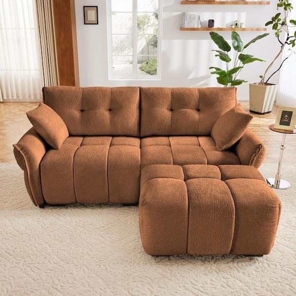 YOYO 78.7 in. Rolled Arm Chenille 3-Seater L-Shaped Tufted Sectional Sofa with Ottoman and Deep Seats in Cognac Orange
