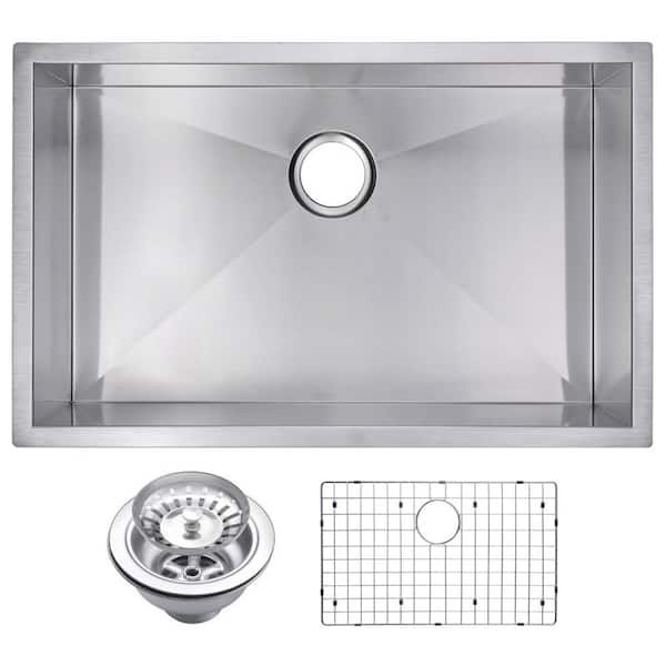 Water Creation Undermount Stainless Steel 30 in. Single Bowl Kitchen Sink with Strainer and Grid in Satin