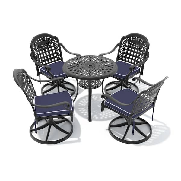 5-Piece Black Cast Aluminum Patio Outdoor Dining Set with Round Table and 4 Swivel Chairs with Blue Cushions