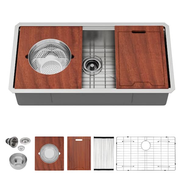 36 in. Undermount Workstation Sink with Pasta Strainer and Mixing Bowl