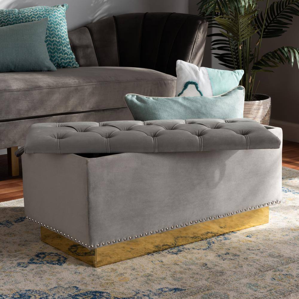 Luxurious Grey Velvet and Gold PU Leather Tufted Storage Ottoman