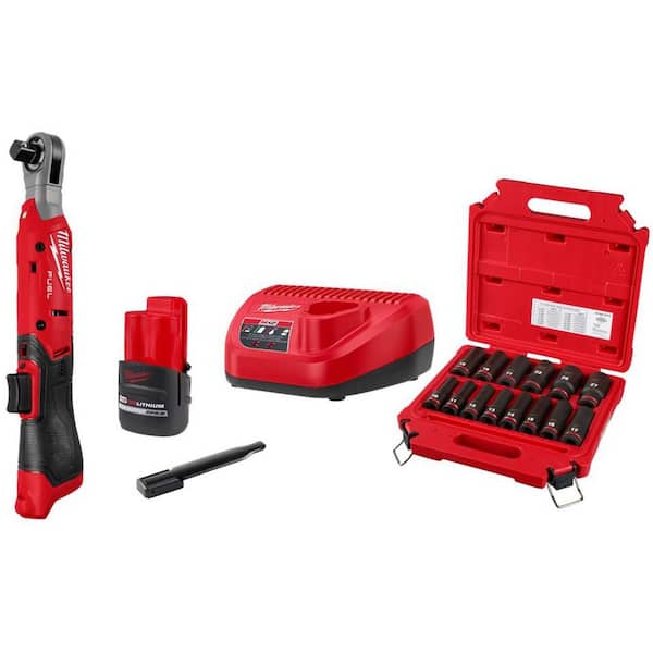 M12 12V Lithium-Ion 1/2 in. Cordless Ratchet Kit with Battery, Charger, Bag and 1/2 in. Impact Socket Set