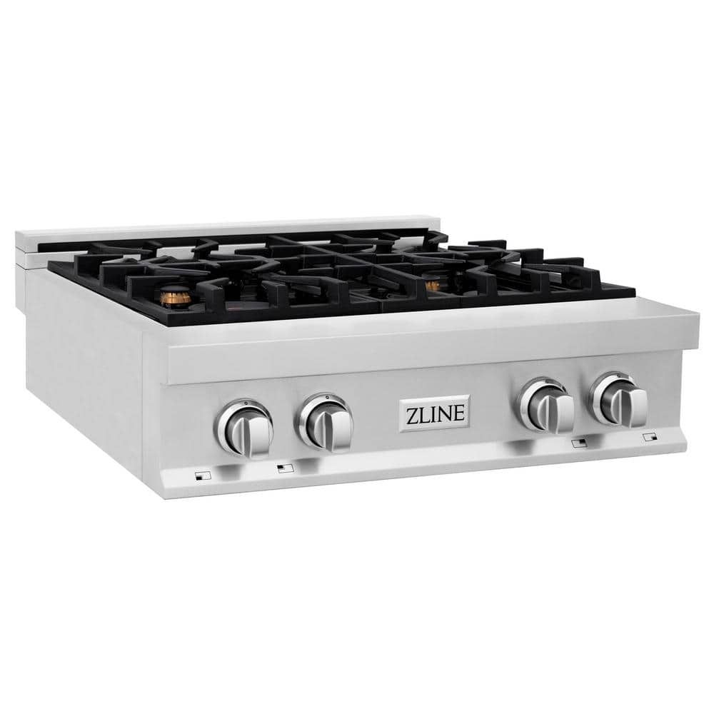 ZLINE Kitchen and Bath 30 in. 4 Burner Front Control Gas Cooktop with Brass Burners in Stainless Steel, Stainless Steel & Porcelain Top