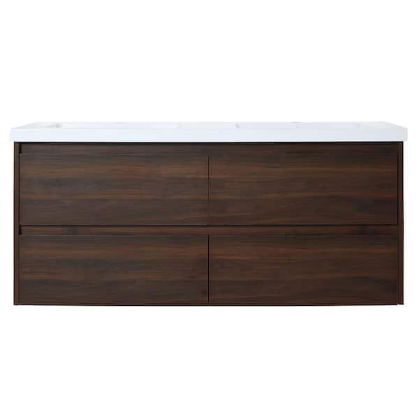 48 in. Double Sink Floating Walnut Bath Vanity with White Resin Top, 4 Soft Close Drawers, Hidden handles