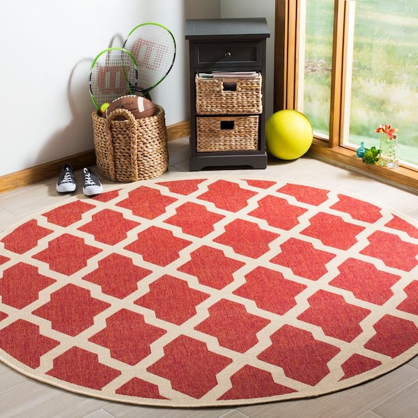 Linden Red/Cream 7 ft. x 7 ft. Round Geometric Diamonds Border Area Rug