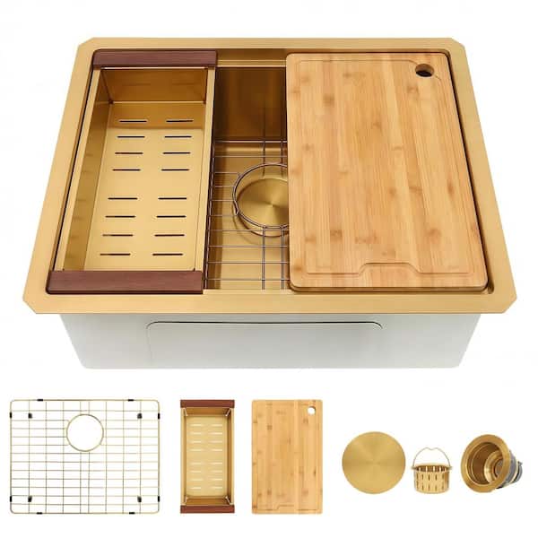 30 in. Undermount Single Bowl 16 Gauge Gold Stainless Steel Ledge Workstation Kitchen Sink with Accessories