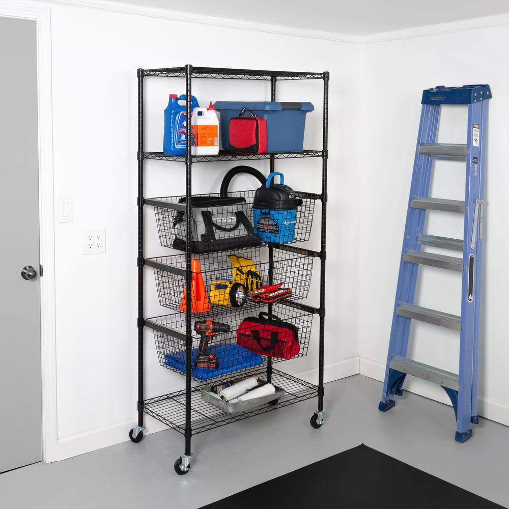 Adjustable Black 3-Shelf Heavy-Duty Storage Rack with Pull-Out Baskets