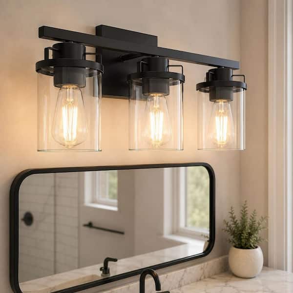 18 in. 3-Light Black Vanity Light with Clear Glass Shades, Budget Bathroom Fixture