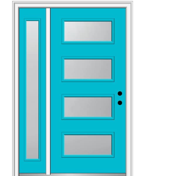 MMI Door 53 in. x 81.75 in. Celeste Frosted Left-Hand 4-Lite Eclectic Painted Fiberglass Smooth Prehung Front Door with Sidelite