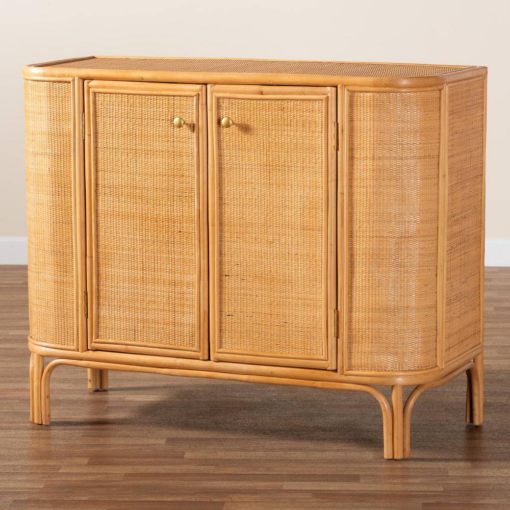 Natural Brown Rattan 2-Door Storage Cabinet with Gold Knobs