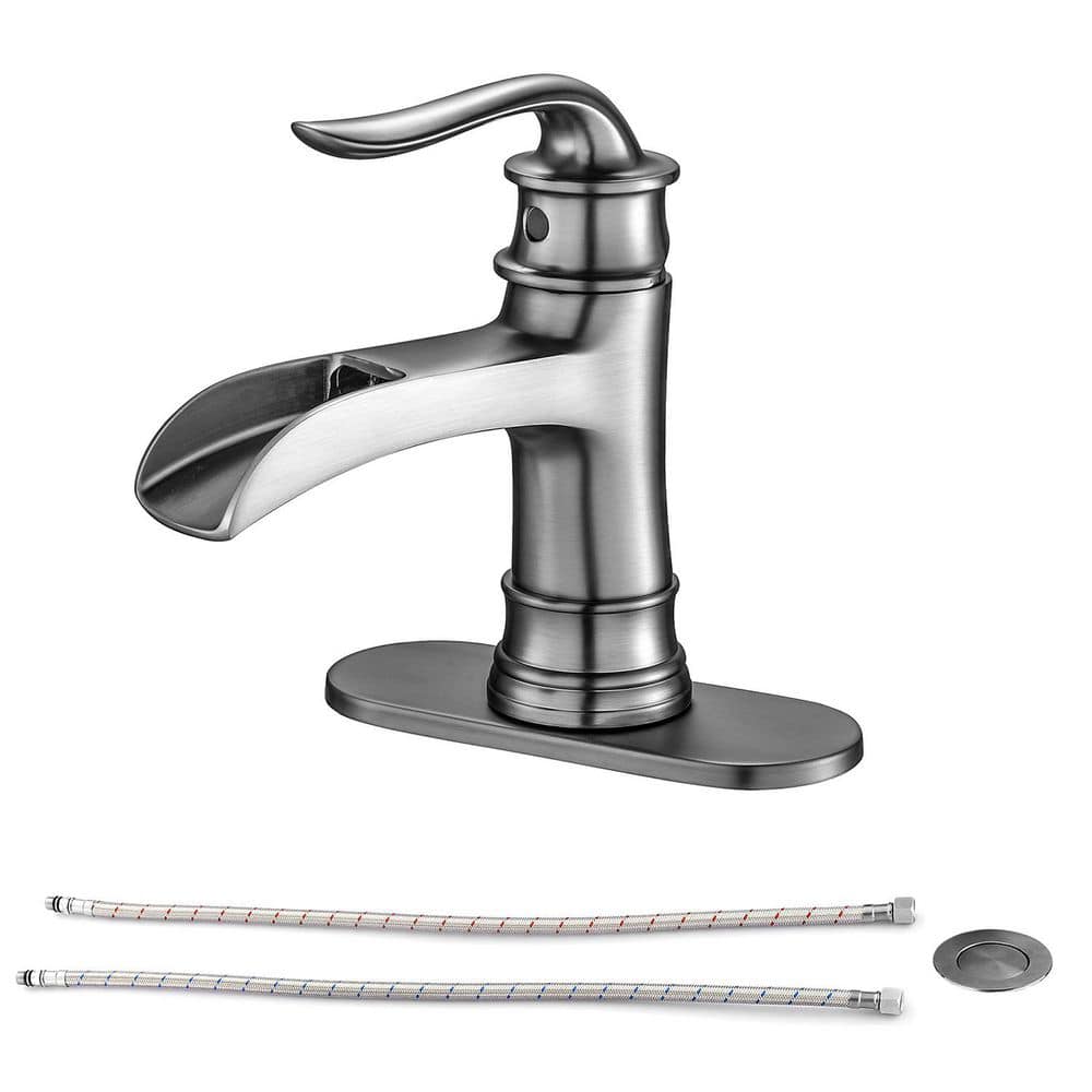 Single Handle Single Hole Waterfall Bathroom Faucet with Deckplate Pop Up Drain in Brushed Nickel (1-Pack) price history on PriceWatchPro