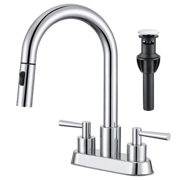 4 in. Centerset Double Handle High Arc Bathroom Sink Faucet with Pull Out Sprayer and Pop Up Drain in Brushed Chrome
