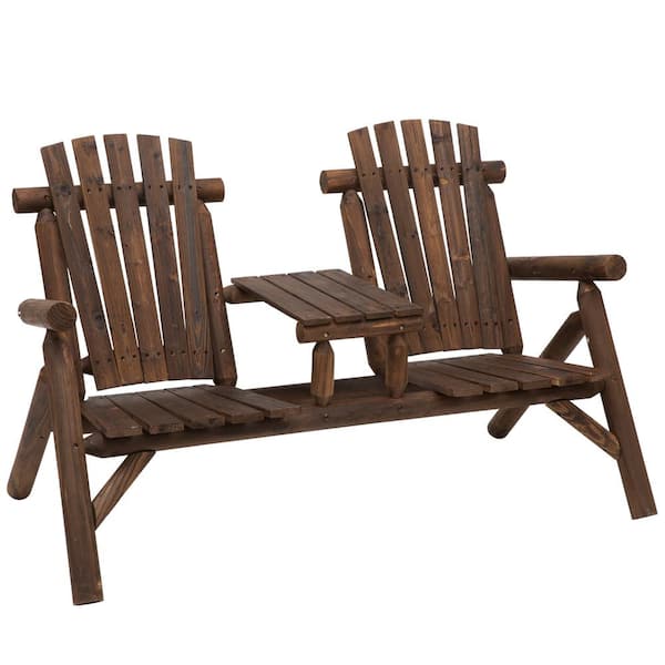 Misopily Slat Design 2-Seat Brown Carbonized Fir Wood Adirondack Chair with Center Tea Table, Sturdy and Durable for Outdoor Use