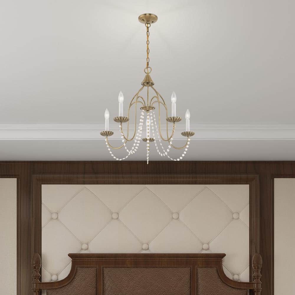 Antique Brass Mini 5-Light Crystal Candle Chandelier