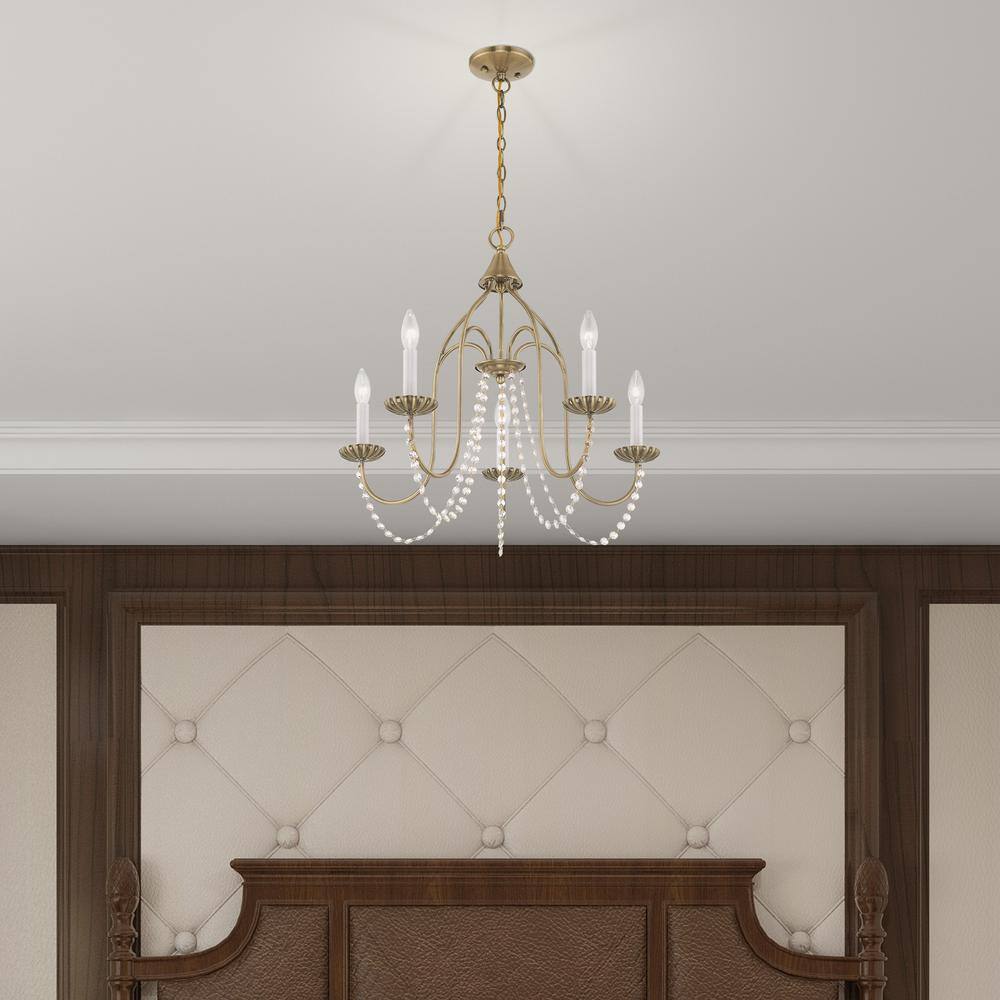 Antique Brass Mini 5-Light Crystal Candle Chandelier
