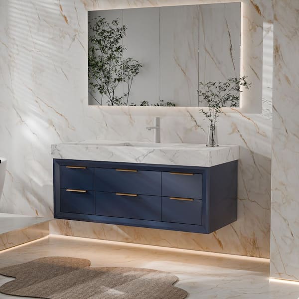 Wenlorin 48 in. Single Sink Floating Blue Bath Vanity with White Engineered Marble Top Pre-Assembled