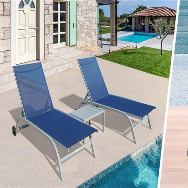 JimsMaison Blue Metal Outdoor Lounge chair with Wheels and Adjustable Backrest