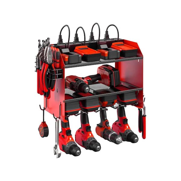 Modular 16.5 in. Black Steel Heavy Duty Power Tool Organizer Wall Rack with Drawer Hooks Charging Station and 8-Outlets