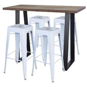 51.25 in. Rectangle, Black Iron, Acacia Wood Top Pub Table with White Bar Stools (Seats 4)