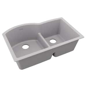 Quartz Classic 33 in. Undermount Offset 60/40 Double Bowl Greystone Granite/Quartz Composite Kitchen Sink Only