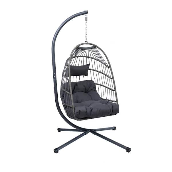 COOLSHARK 350 lbs. Foldable Patio Rattan Hanging Chair Large Wicker Swing Egg Chair with Heavy-Duty Stand, Thickness Cushions