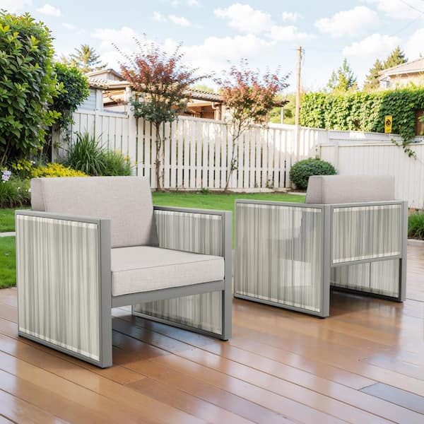 Opohoro SquareChic Metal and Light Beige Wicker Outdoor Lounge Chair with Olefin Light Gray Cushions (2-Pack)
