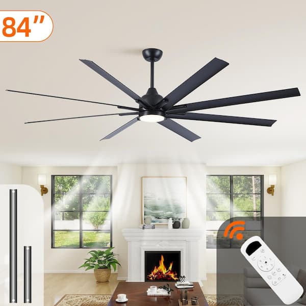84 in. Super Large Black Ceiling Fan with 8 Blades Included with Remote, Downrod Mount