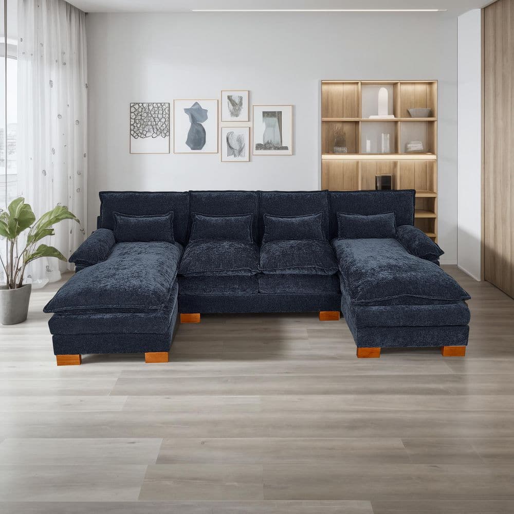 WONDER COMFORT Luxurious 112.6 in. Pillows Armrests 3-Piece U-Shaped Chenille Modular Sectional Sofa Couch with Chaises in. Blue TN-2179BL