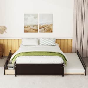 Modern and Simple Espresso 57 in. W Full size Wood Platform Bed Frame with Drawers, Trundle, Wood Slats Bed Frame