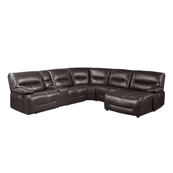 Lazzara Halliday 119 in. Straight Arm 6-piece Faux Leather Power Reclining Sectional Sofa in Brown with Right Chaise