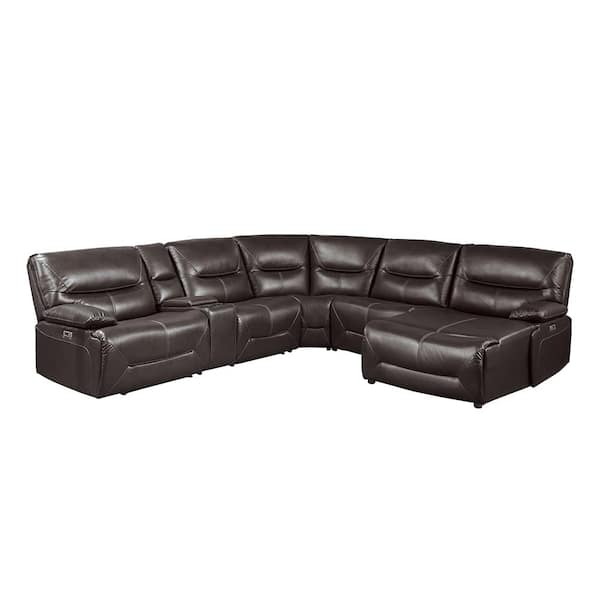 Unbranded Halliday 119 in. Straight Arm 6-piece Faux Leather Power Reclining Sectional Sofa in Brown with Right Chaise