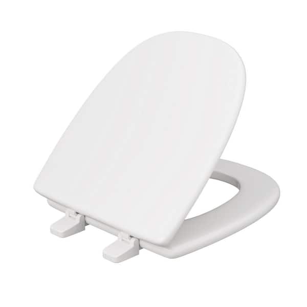 JONES STEPHENS Molded Wood Square Toilet Seat Fits Eljer Emblem with Cover and Adjustable Hinge in White