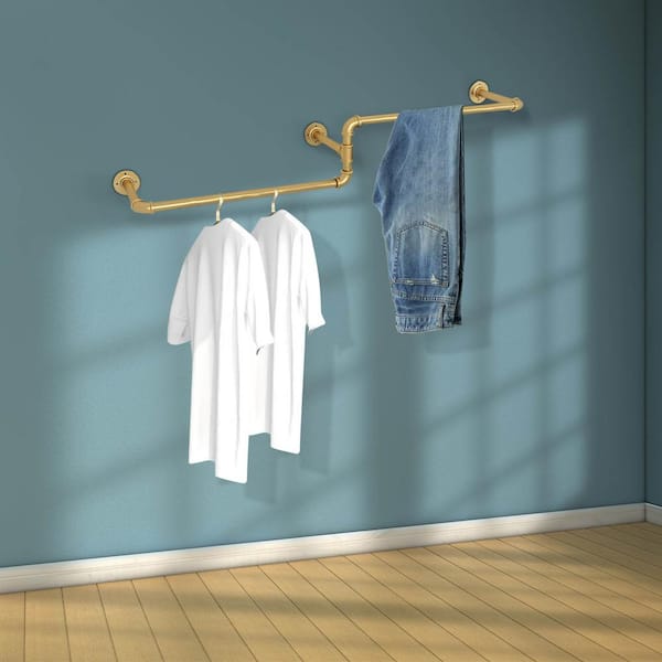 Gold Iron Clothes Rack Hanging Rod Wall Mounted Pipe Garment Rack 71 in. W x 7.5 in. H