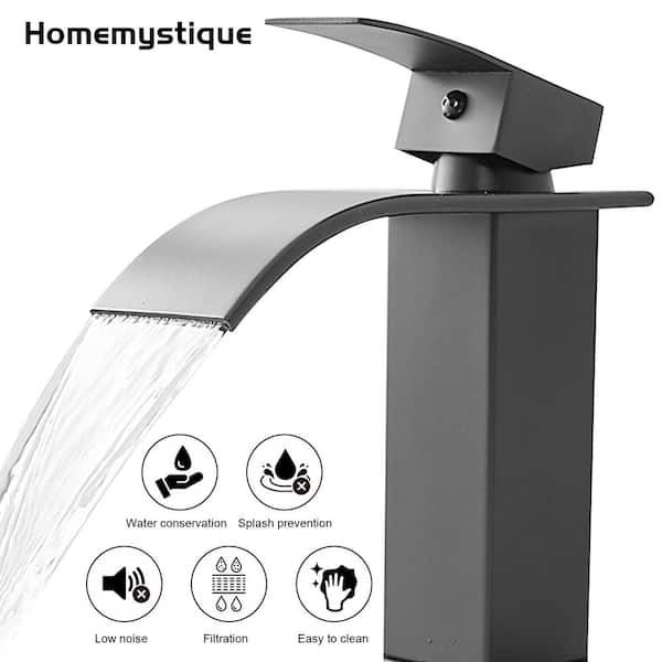 Single-Handle Waterfall Spout Single-Hole Bathroom Sink Faucet with Pop-Up Drain Assembly, Deckplate Included in Black