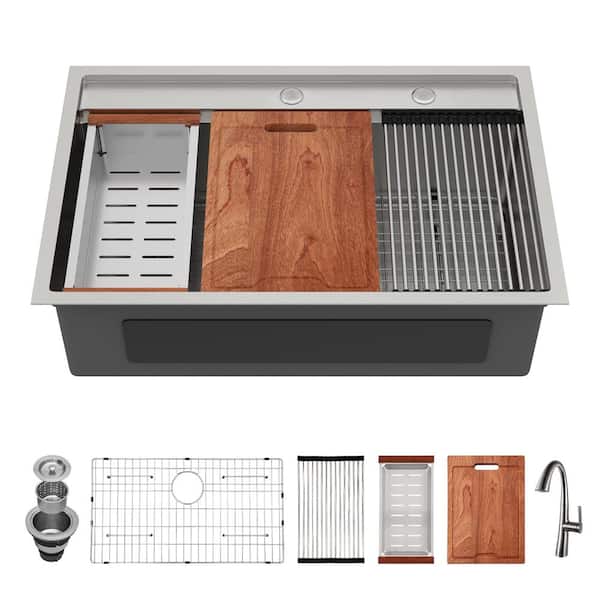 33 in. Drop-In/Topmount Single Bowl 16 Gauge Brushed Nickel Stainless Steel Workstation Kitchen Sink with Faucet