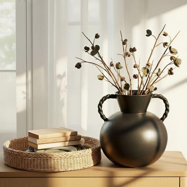 Storied Home 8.5 in. Matte Black Stoneware Round Decorative Vase