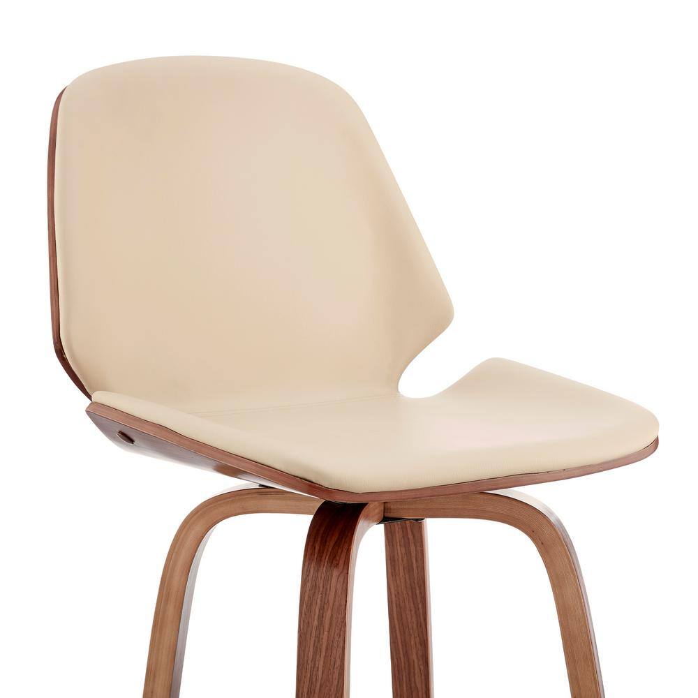 Cream Faux Leather and Walnut Wood Swivel Bar Stool