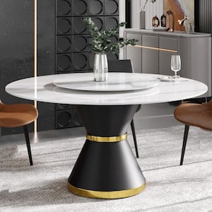 59.05 in. Modern White Round Rotary Lazy Susan Sintered Stone Top Black Carbon Steel Pedestal Dining Table (Seats-8)