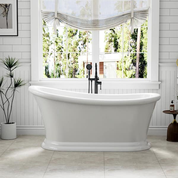 67 in. x 28.9 in. Flatbottom Freestanding Soaking Bathtub in Glossy White with Pop-Up Drain, Groove Overflow