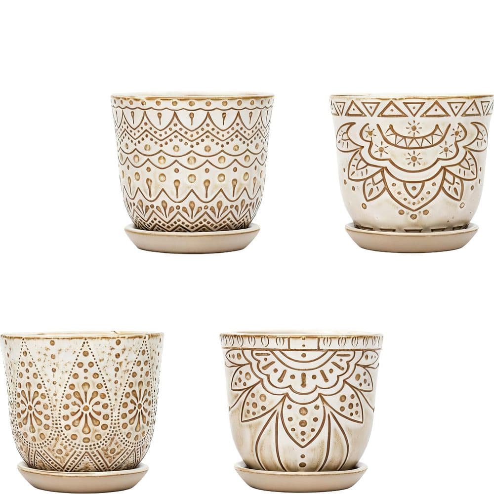 4-Set, 0.7 Qt., Beaded Ceramic Planter with Drainage Hole and Saucer, (4 in. W x 3.7 in. H), Indoor-Outdoor, White price history on PriceWatchPro