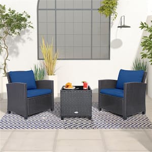 3-Pcs Rattan Wicker Patio Conversation Set Sofa Coffee Table with Beige andNavy Cushions