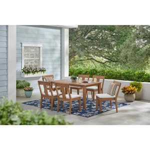 Woodford 7-Piece Eucalyptus Wood Outdoor Dining Set with Bright White Cushions