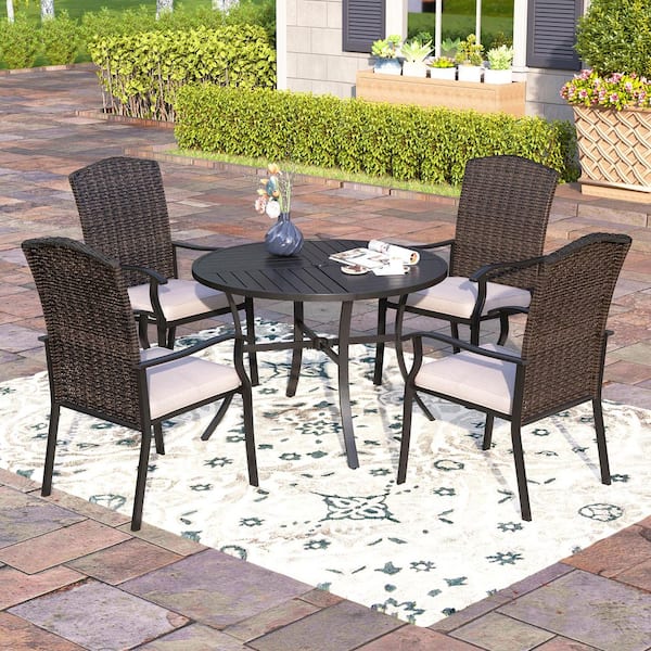 PHI VILLA Black 5-Piece Metal Patio Outdoor Dining Sets with Stamped Round Table and Rattan Chairs with Beige Cushion