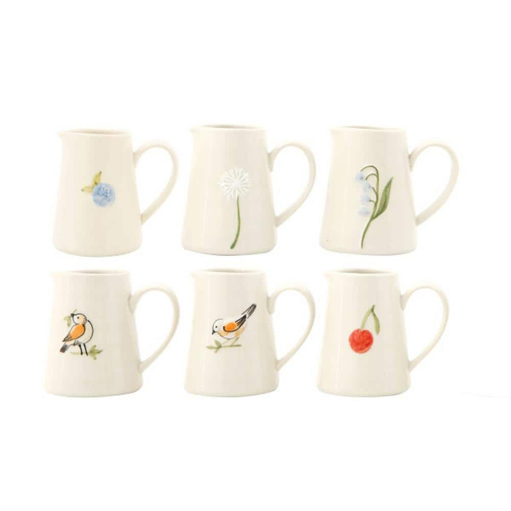 3R studios 6 fl.oz White Stoneware Creamer with Hand-Painted and Embossed Birds in White (Set of 6)