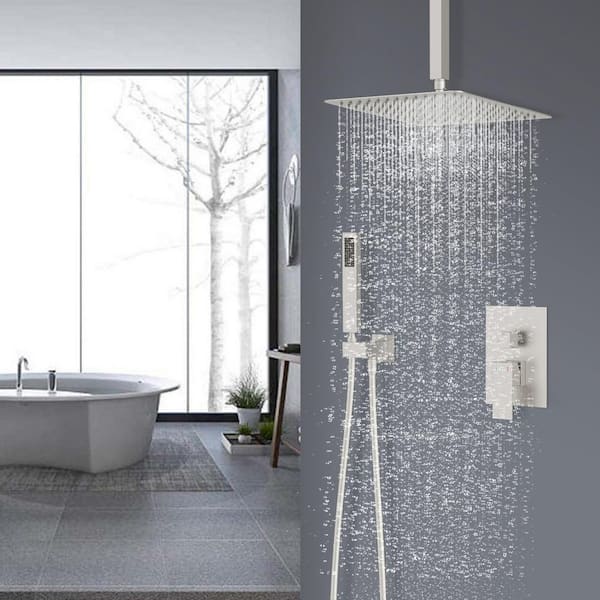 2-Spray Patterns with High Pressure 12 in. Ceiling Mount Rain Shower Head Dual Shower Heads in Brushed Nickel
